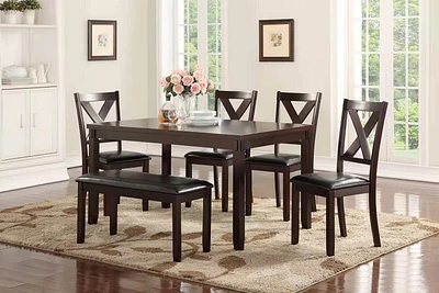 K-LIVING  SCILLA 6PCS SOLID WOOD DINING TABLE SET IN ESPRESSO (TABLE, 4 CHAIRS & a BENCH)