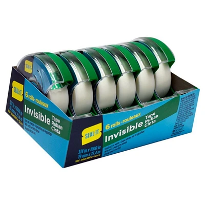 Seal-It Invisible Stationery Tape 3/4 x 1000 Inches 6 pack with Press' N Cut Dispenser