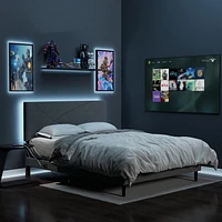 Homy Casa Lit Plateforme Rembourré avec Éclairage LED, Station de Charge USB, Tête de Lit Réglable, Sans Sommier Requis