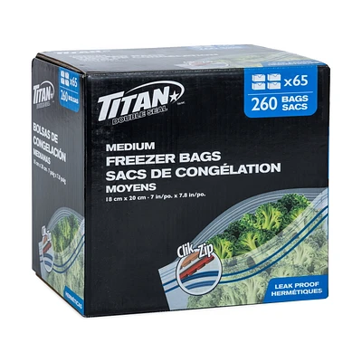 TITAN Medium 260 Count (7 in. x 7.8 in.), Food Storage Freezer Bags, Double Seal, Leak Proof, Heavy Duty, Clear Bags