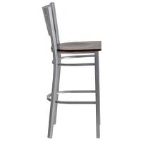 Tabouret de restaurant en métal argenté de la série HERCULES avec dossier à lattes - siège bois de noyer