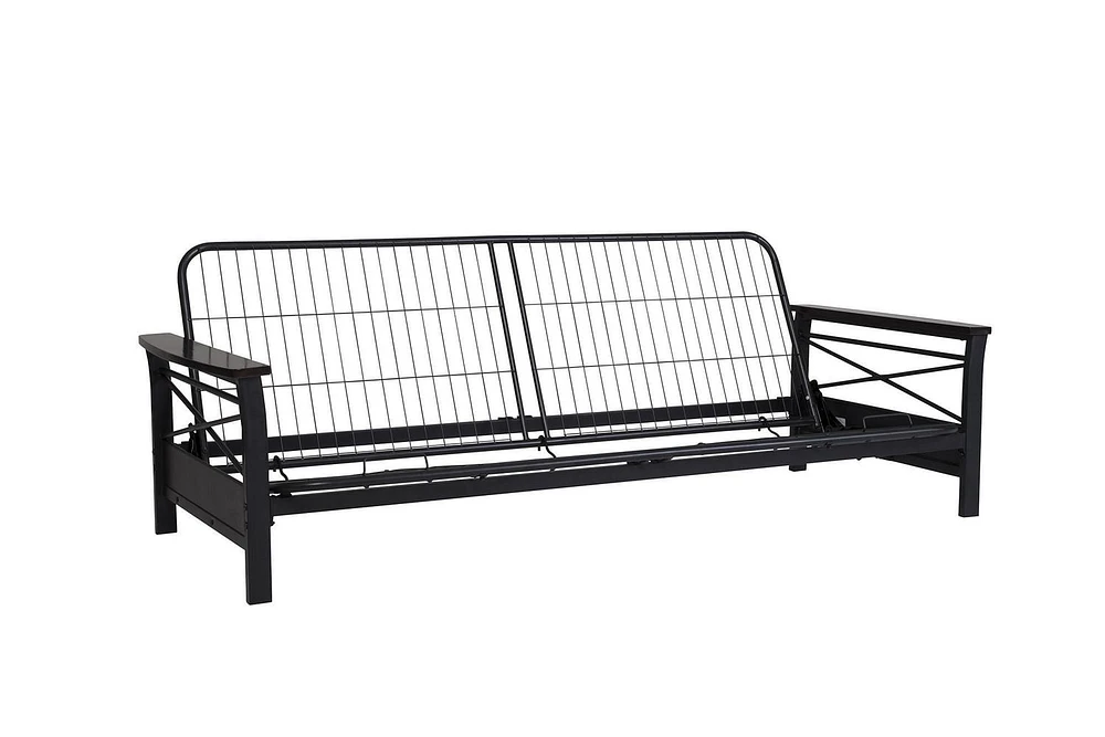 Cadre de futon en métal Nadine de DHP avec accoudoirs en bois espresso - matelas deux places vendu séparément