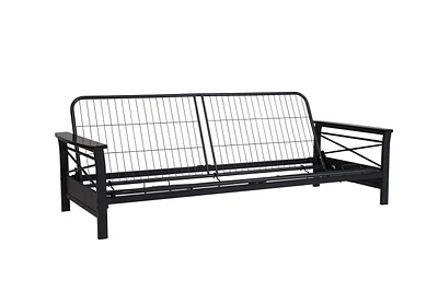Cadre de futon en métal Nadine de DHP avec accoudoirs en bois espresso - matelas deux places vendu séparément