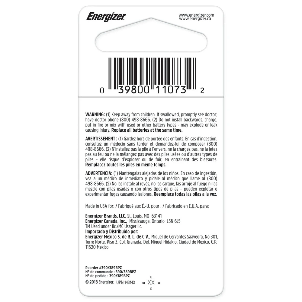 Energizer 389 Silver Oxide Button Battery, 1 Pack, Pack of 1 battery