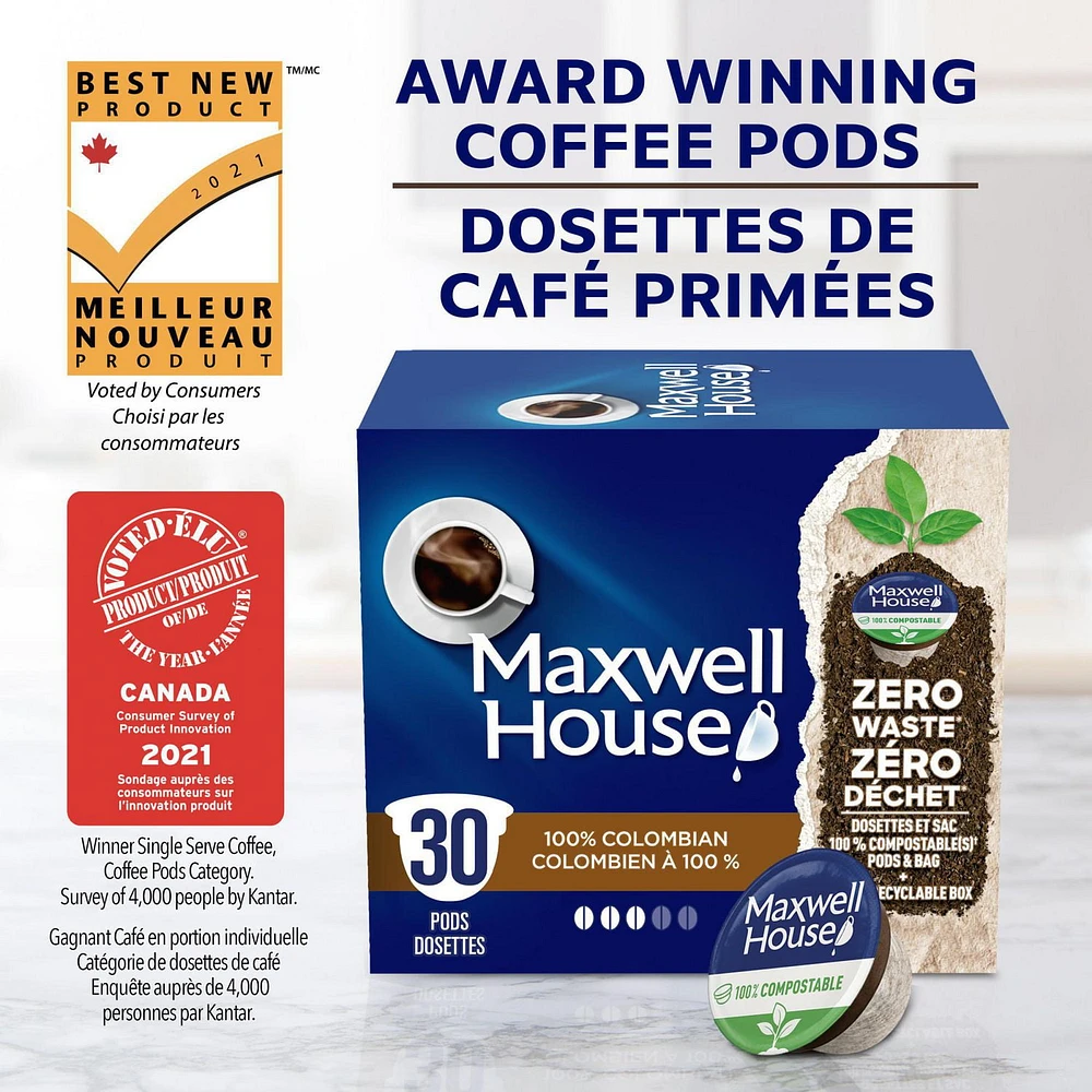 Maxwell House Colombian Coffee 100% Compostable K Cup Coffee Pods, 30 Pods, 292g, 30 pods