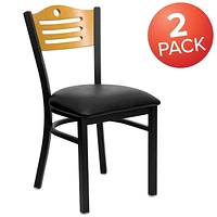 Lot de 2 pièces - Chaise de restaurant de la série HERCULES en métal noir avec dossier à lattes - dossier en bois naturel et siège en vinyle noir