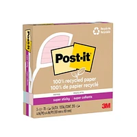 Feuillets super collants 675R-3SSNRP Post-it® entièrement faits de papier recyclé, collection La vie en pastel, lignés, 4 po x 4 po, 3 blocs/paquet, 70 feuillets/bloc Feuillets super collants