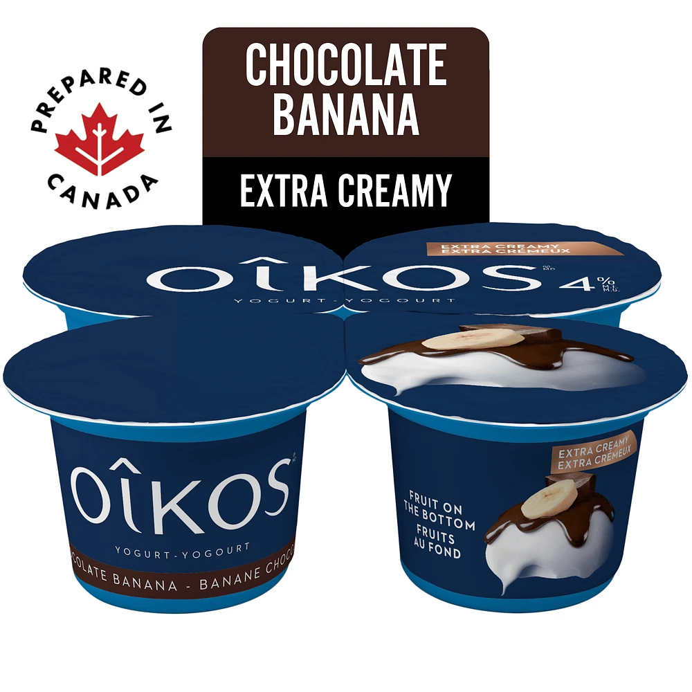 Oikos Extra Creamy Yogurt, Banana Chocolate, Blended, 4% M.F., 4 x 95 g