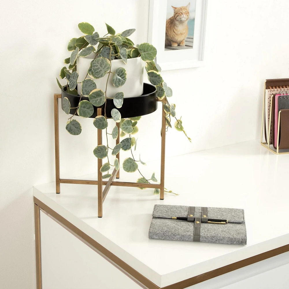 Uniek DesignOvation Valrico Black and Gold Plant Stand, Metal and MDF, 12 H x 11.4 W x 11.4 in D