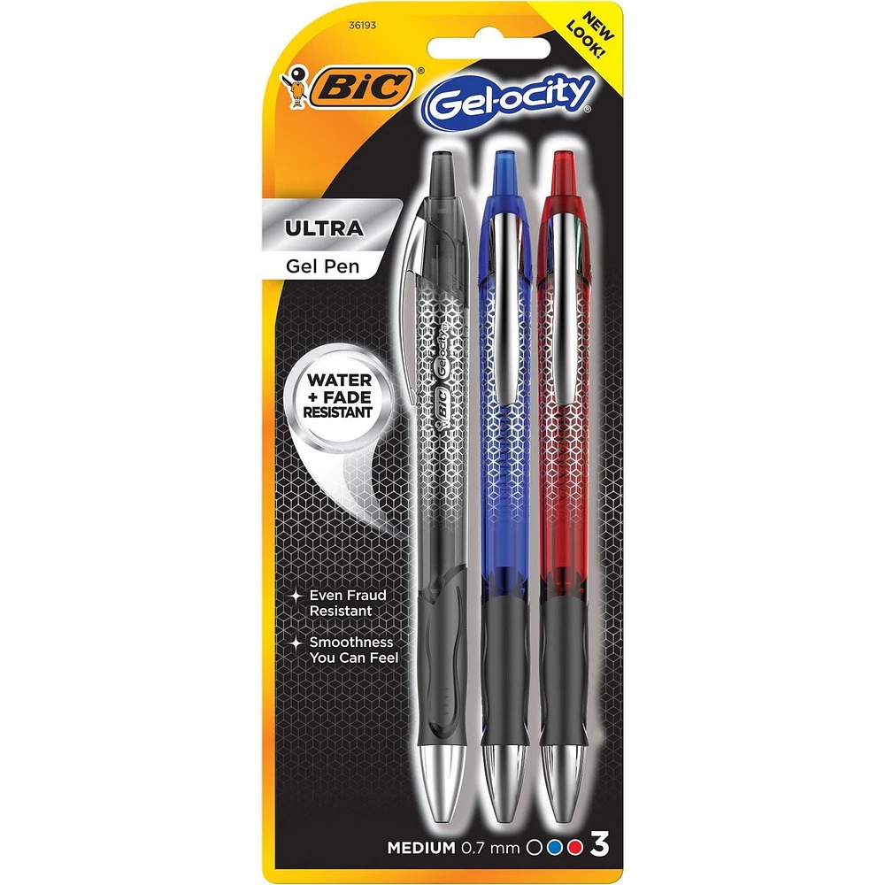 Stylo gel rétractable BIC Gel-ocity Ultra, 3 encres variées, Le stylo gel de qualité supérieure est doté d’une encre résistante à l’eau, à la décoloration et à la fraude Paquet de 3