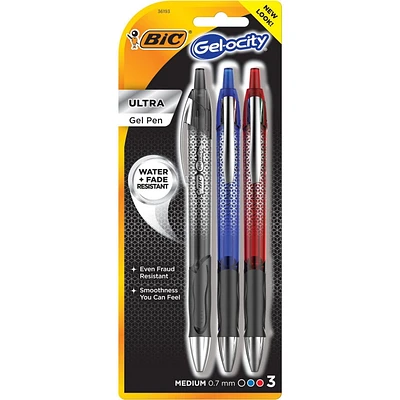 Stylo gel rétractable BIC Gel-ocity Ultra, 3 encres variées, Le stylo gel de qualité supérieure est doté d’une encre résistante à l’eau, à la décoloration et à la fraude Paquet de 3