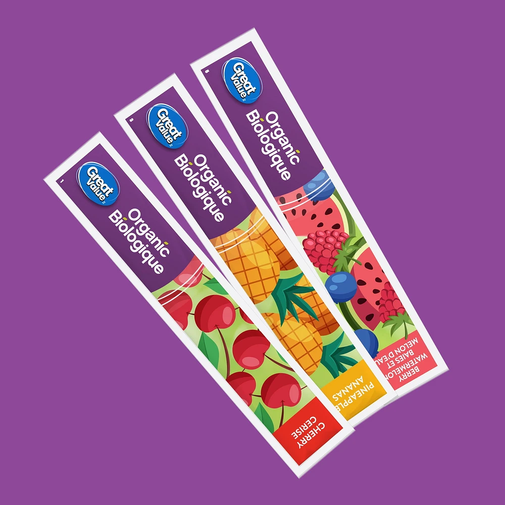 Great Value Organic Fruit Flavoured Ice Pops - Berry Watermelon, Cherry, Pineapple - 12 x 40 ml, 12 x 40 ml