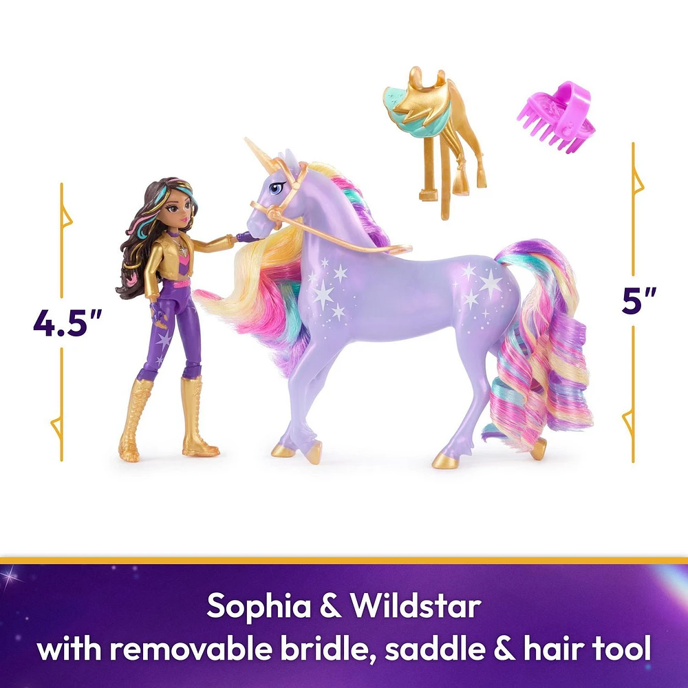Unicorn Academy, Coffret Sophia & Wildstar avec 2 accessoires d'équitation et un accessoire de coiffure, poupées et licornes pour filles à partir de 4 ans