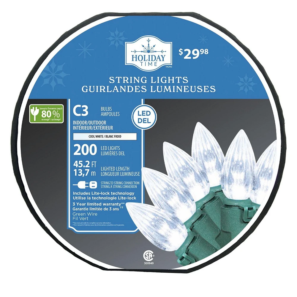 Lot de 200 lumières de Noël verticales C3 à DEL blanc froid C3 Holiday Time, avec fil vert, 45,2 pieds