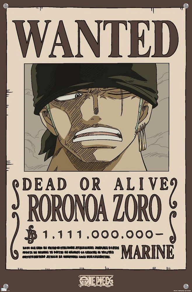 One Piece - Roronoa Zoro Wanted Poster Wall Poster with Push Pins, 14.725" x 22.375"