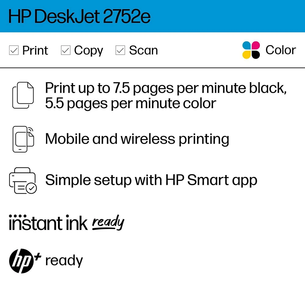 HP DeskJet 2752e All-in-One Printer w/ 3 months free ink through HP Plus, ‎Smartphone printing