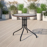 Table ronde de 28 po en métal et verre trempé avec bordure en rotin noir