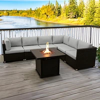 Innesbrook Collection 7-Piece Aluminum Patio Conversation Set with Grey Cushions and Square Fire Table