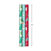 Papier d'emballage Hallmark réversible de Noël pour enfants, motif tendance (3 rouleaux : 120 pieds carrés au total) dinosaures, koalas, ours polaires, pingouins, chameaux, zèbres, rayures