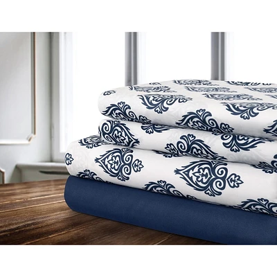 Safdie & Co. Sheet Set Microfiber 3PC T Damask Printed Solid Navy