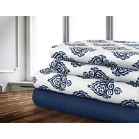 Safdie & Co. Sheet Set Microfiber 3PC T Damask Printed Solid Navy