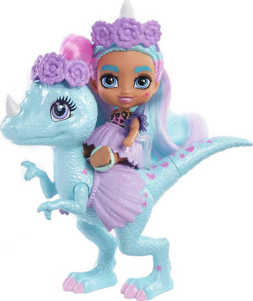 Poupée Bébé Licorne Cave Club d’environ 8 cm avec cheveux frisés bleus, tenue, accessoires et figurine dinosaure, cadeau à partir de 4 ans