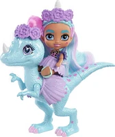 Poupée Bébé Licorne Cave Club d’environ 8 cm avec cheveux frisés bleus, tenue, accessoires et figurine dinosaure, cadeau à partir de 4 ans