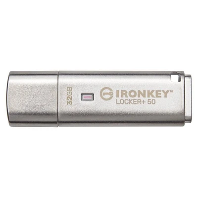 Kingston Ironkey Locker+ 50 32GB Encrypted USB Flash Drive | USB 3.2 Gen 1 | XTS-AES Protection | Multi-Password Security Options | Automatic Cloud Backup | Metal Casing | IKLP50/32GB