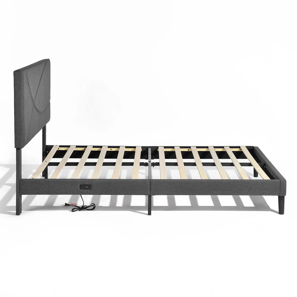 Homy Casa Lit Plateforme Rembourré avec Éclairage LED, Station de Charge USB, Tête de Lit Réglable, Sans Sommier Requis