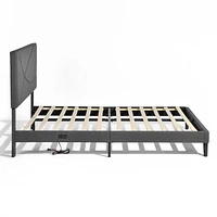 Homy Casa Lit Plateforme Rembourré avec Éclairage LED, Station de Charge USB, Tête de Lit Réglable, Sans Sommier Requis