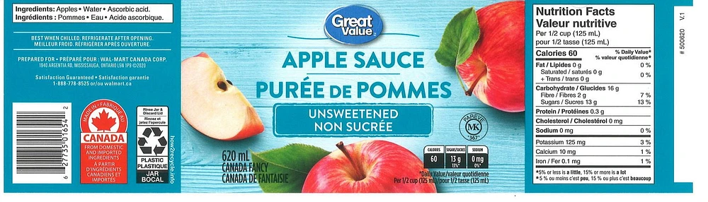 Great Value Unsweetened Applesauce 620 mL, Unsweetened Applesauce