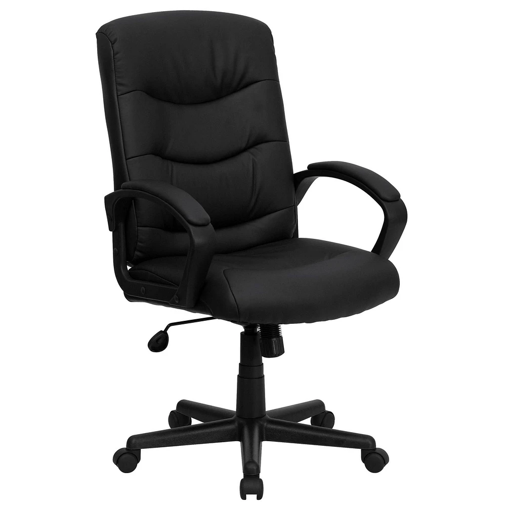 Chaise exécutive pivotante en cuir noir à dossier mi-hauteur avec dossier et appuis-bras à trois lignes de couture horizontale