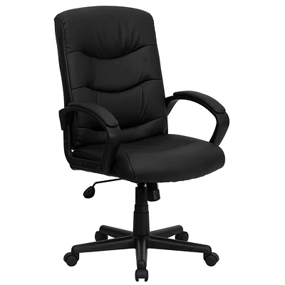 Chaise exécutive pivotante en cuir noir à dossier mi-hauteur avec dossier et appuis-bras à trois lignes de couture horizontale