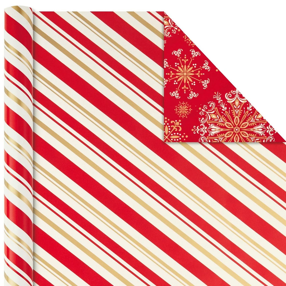 Papier d'emballage réversible de Noël, Hallmark, père Noël classique (Paquet de 3 rouleaux : 120 pieds carrés au total) flocons de neige rouges et or, rayures, motif écossais, traîneau du père Noël