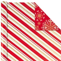 Papier d'emballage réversible de Noël, Hallmark, père Noël classique (Paquet de 3 rouleaux : 120 pieds carrés au total) flocons de neige rouges et or, rayures, motif écossais, traîneau du père Noël