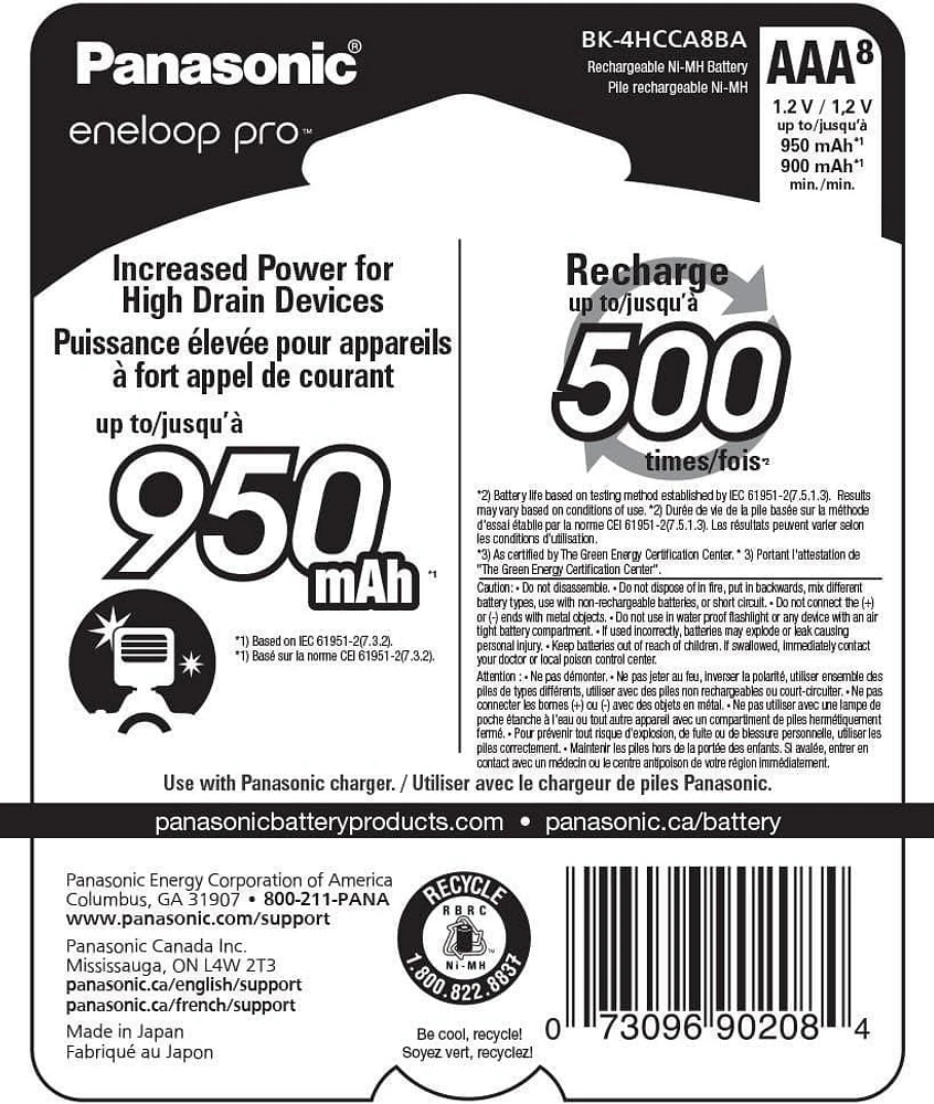 Panasonic Eneloop Pro AAA High Capacity Ni-MH Pre-Charged Rechargeable Batteries, (Pack of 8)