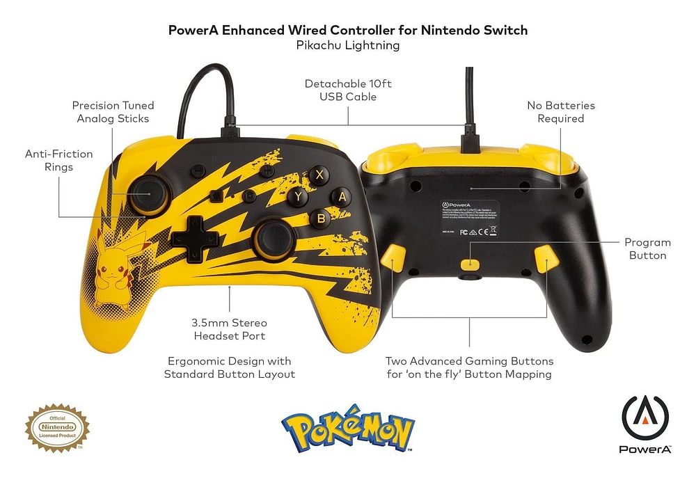 PowerA Pokémon Enhanced Wired Controller for Nintendo Switch – Pikachu Lightning, Nintendo Switch