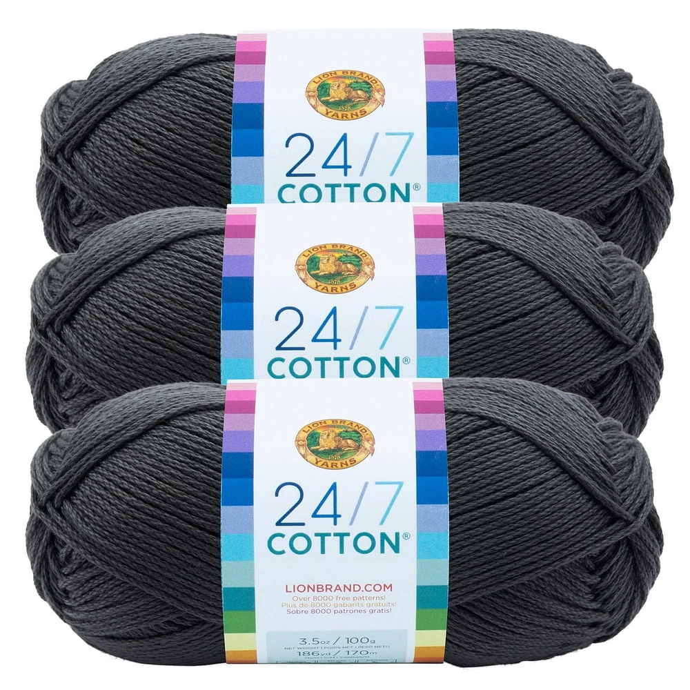 Fil Lion Brand 24/7 Cotton® Fil de Coton #4 Moyen 140g/273m 3-Paquete