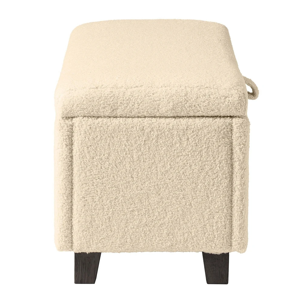 Pouf de rangement Corliving Liya Cream Boucle, banc de rangement moderne rembourré pour bout de lit, banc Sherpa crème, pour salon, entrée, chambre à coucher