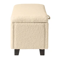 Pouf de rangement Corliving Liya Cream Boucle, banc de rangement moderne rembourré pour bout de lit, banc Sherpa crème, pour salon, entrée, chambre à coucher
