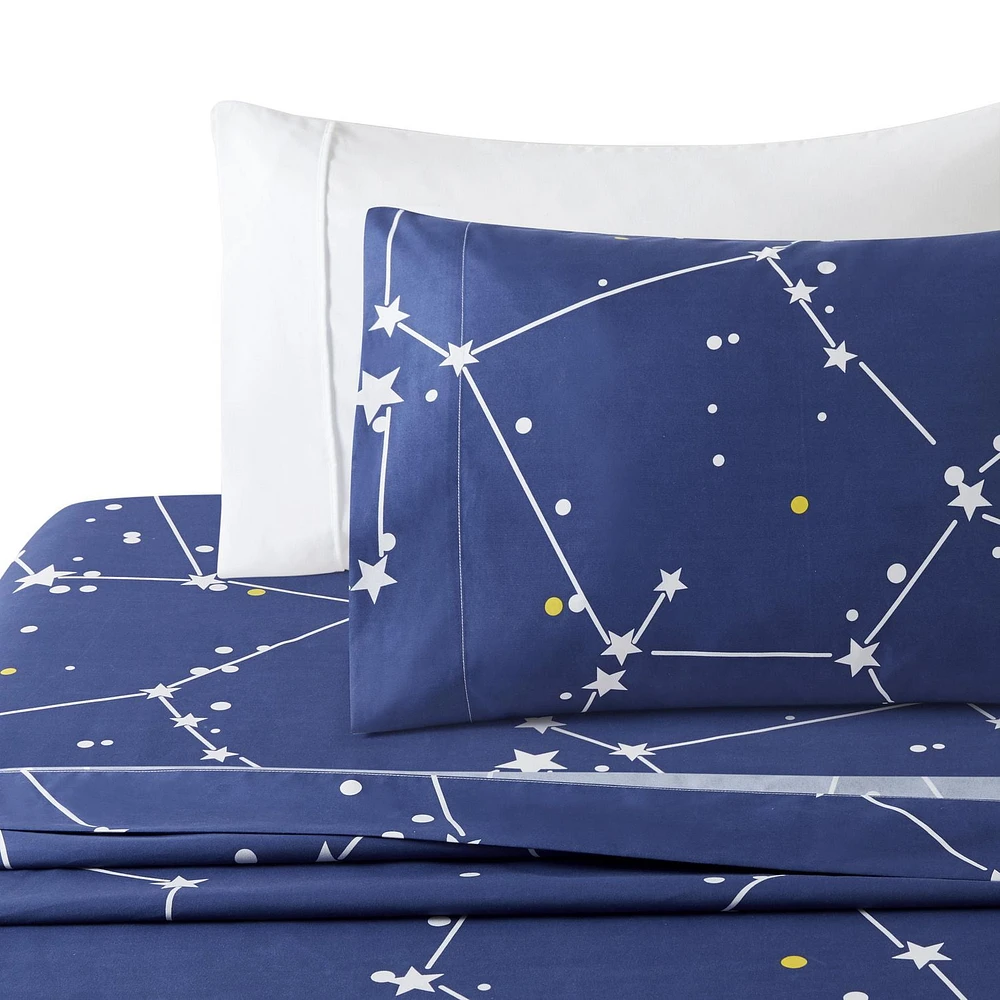 Literie Marina Décoration douce, soyeuse et riche en rayonne de bambou imprimée, toutes saisons, housse de couette, drap-housse, avec fermeture éclair et lien d'angle, motif astérisme bleu marine