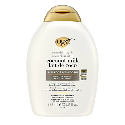 Shampooing hydratant OGX nourrissant + lait de coco, ce shampooing hydratant et réparateur hydrate pour des cheveux doux dès le premier emploi, sans parabènes ni surfactants sulfatés 385 ml
