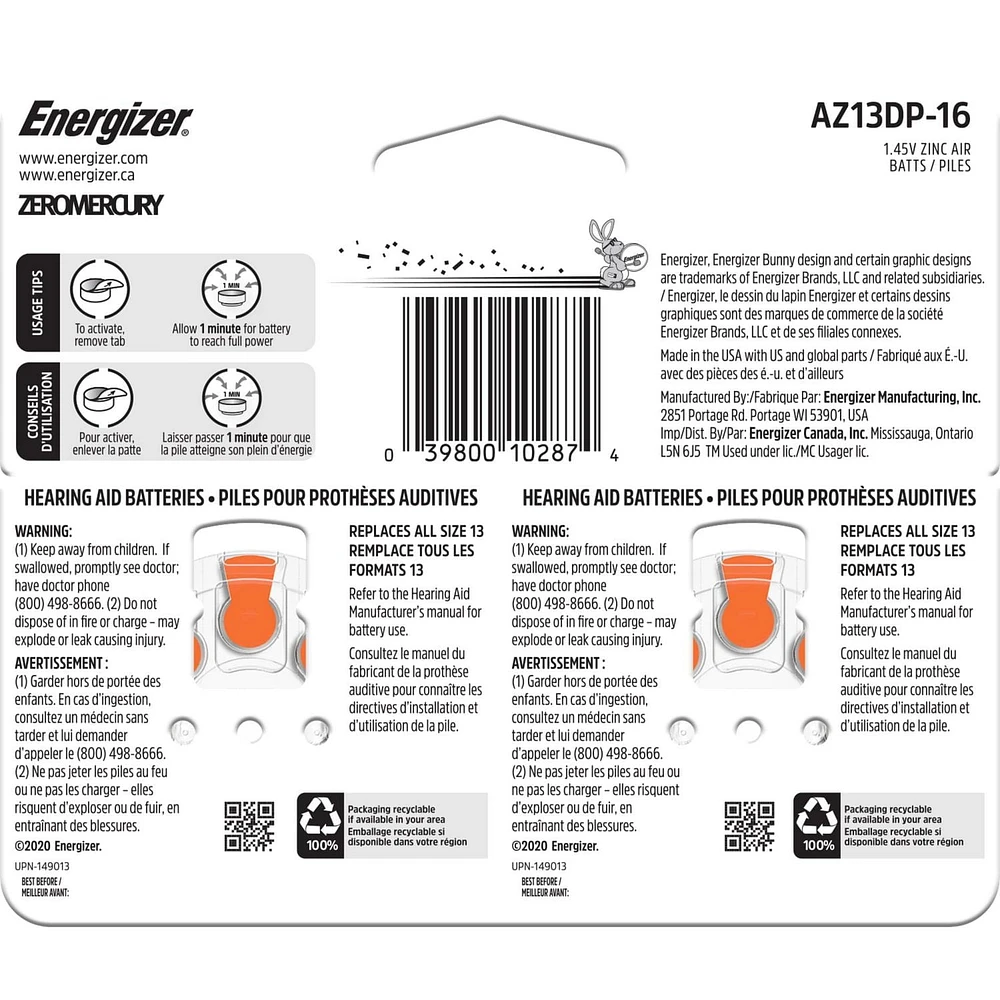 Energizer 13, Emballage de 16, Orange Paquet de 16 piles