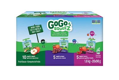 Emballage assortis de compote de fruits GoGo squeeZ , pomme, raisin, petits fruits, sans sucre ajouté. 90 g par gourde, emballage de 20 1,8 kg