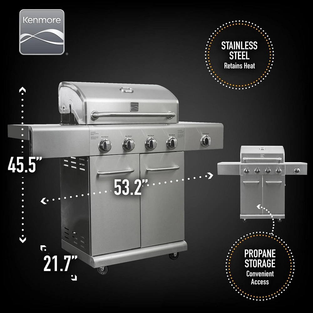 Kenmore - Gril à gaz à 4 brûleurs et brûleur latéral SEARING - Tout en acier inoxydable