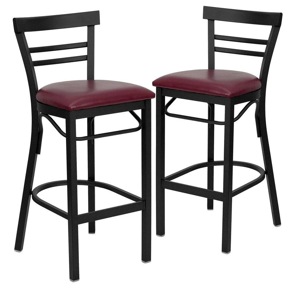 Lot de 2 pièces - Tabouret de bar de la série HERCULES en métal noir avec dossier échelle à deux lattes - Siège en vinyle bourgogne