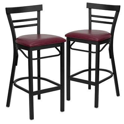Lot de 2 pièces - Tabouret de bar de la série HERCULES en métal noir avec dossier échelle à deux lattes - Siège en vinyle bourgogne