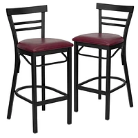 Lot de 2 pièces - Tabouret de bar de la série HERCULES en métal noir avec dossier échelle à deux lattes - Siège en vinyle bourgogne