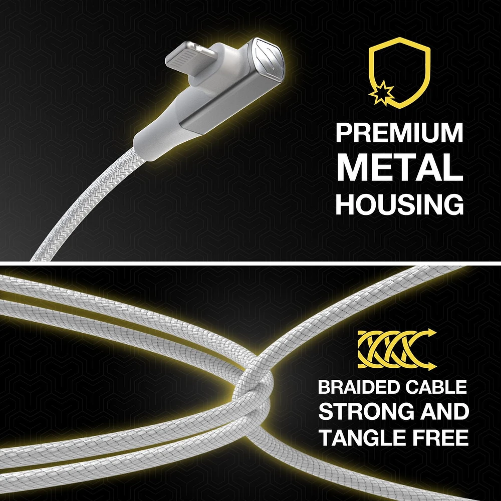 Scosche Ci4BRA4WT-SP Strikeline RA Premium USB-C to Right-Angle MFi Certified Charge & Sync Braided Cable 4-ft. White/Silver