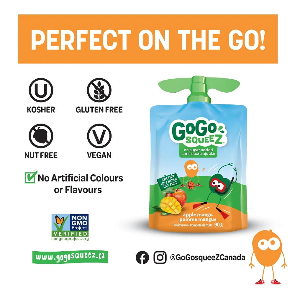 Compote de fruits GoGo squeeZ, pomme mangue, sans sucre ajouté. 90 g par gourde, emballage de 4 4 gourdes x 90 g (360 g)